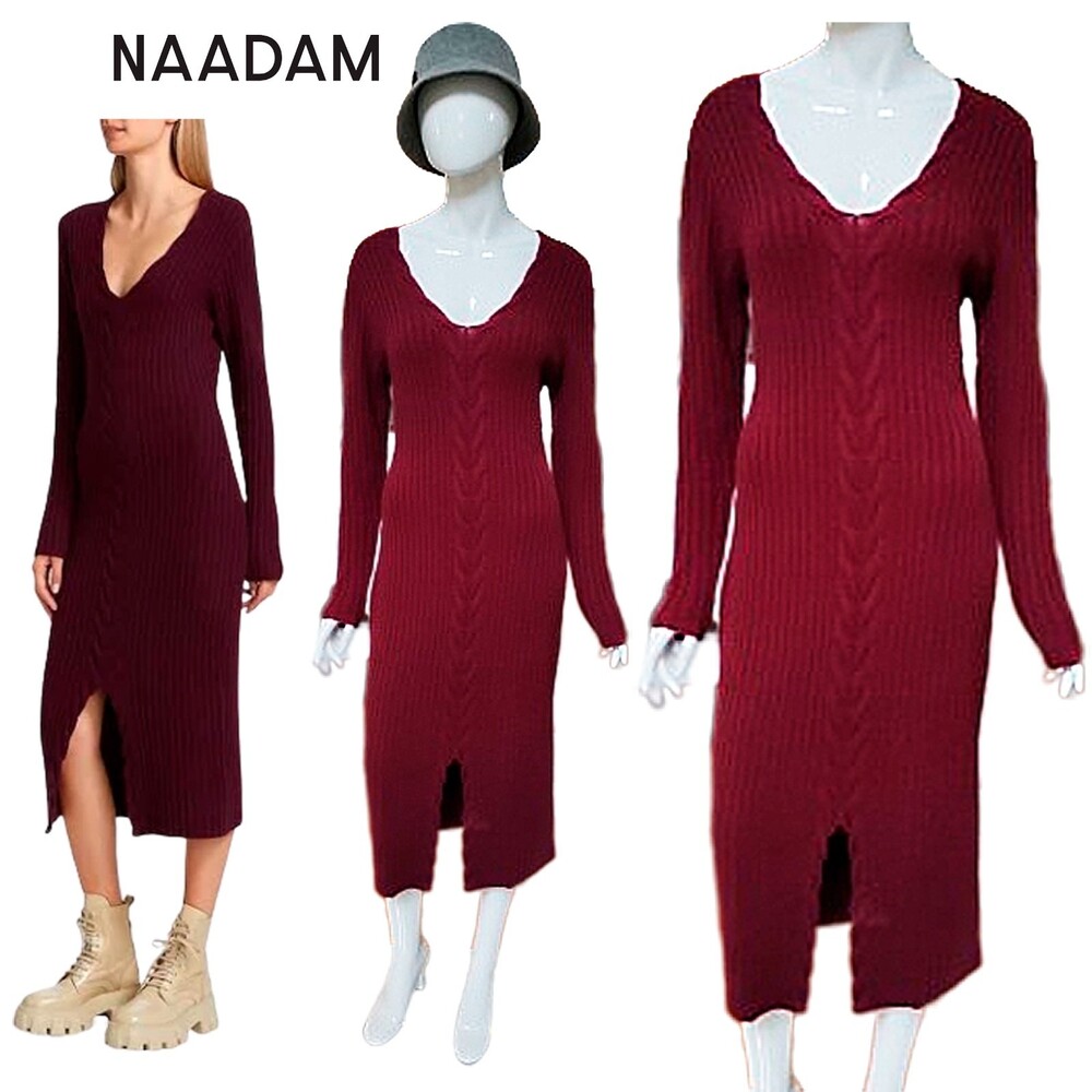 NAADAM NEW Scandinavian Cashmere Blend Cable V-Neck Scallop Midi Sweater Dress L